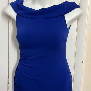 VINCE CAMUTO Blue Off the Ruched Off Shoulder Gown Back Slit